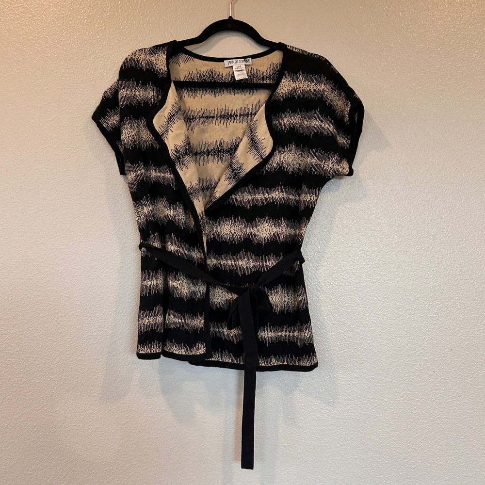 Pendleton Womens Black Cream Geometric Cotton Wrap Cardigan‎ Short Sleeve XS/S